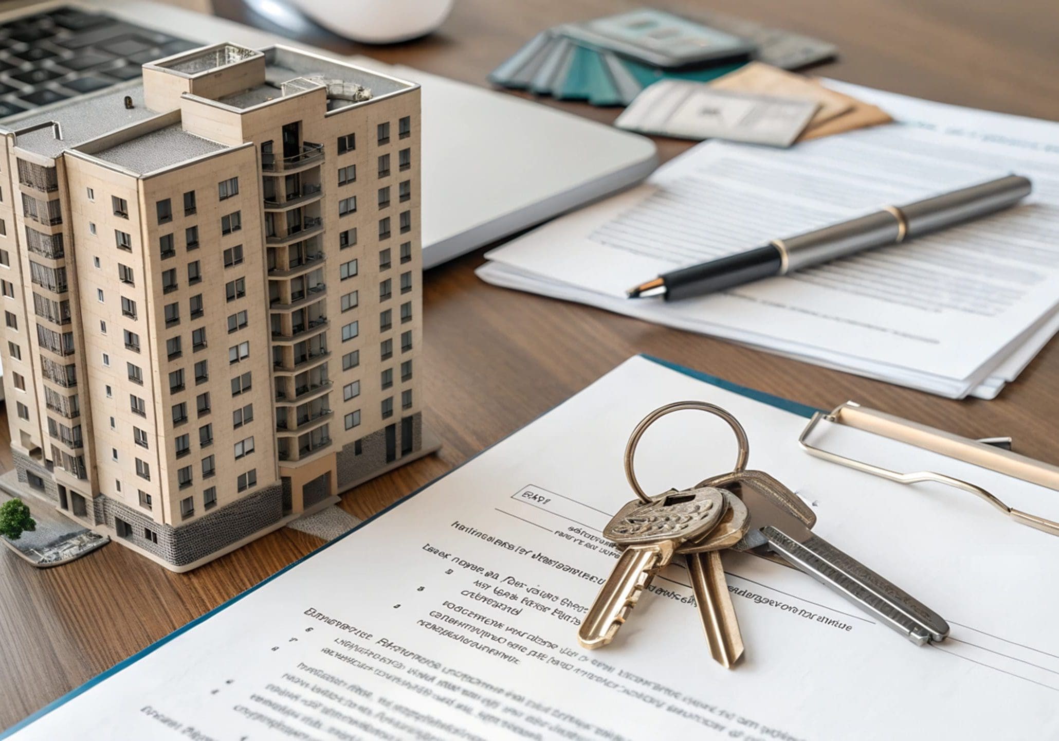 A real estate transaction concept featuring a miniature apartment building, house keys, and signed documents on a wooden desk. Business, mortgage, property investment, and financial planning theme.