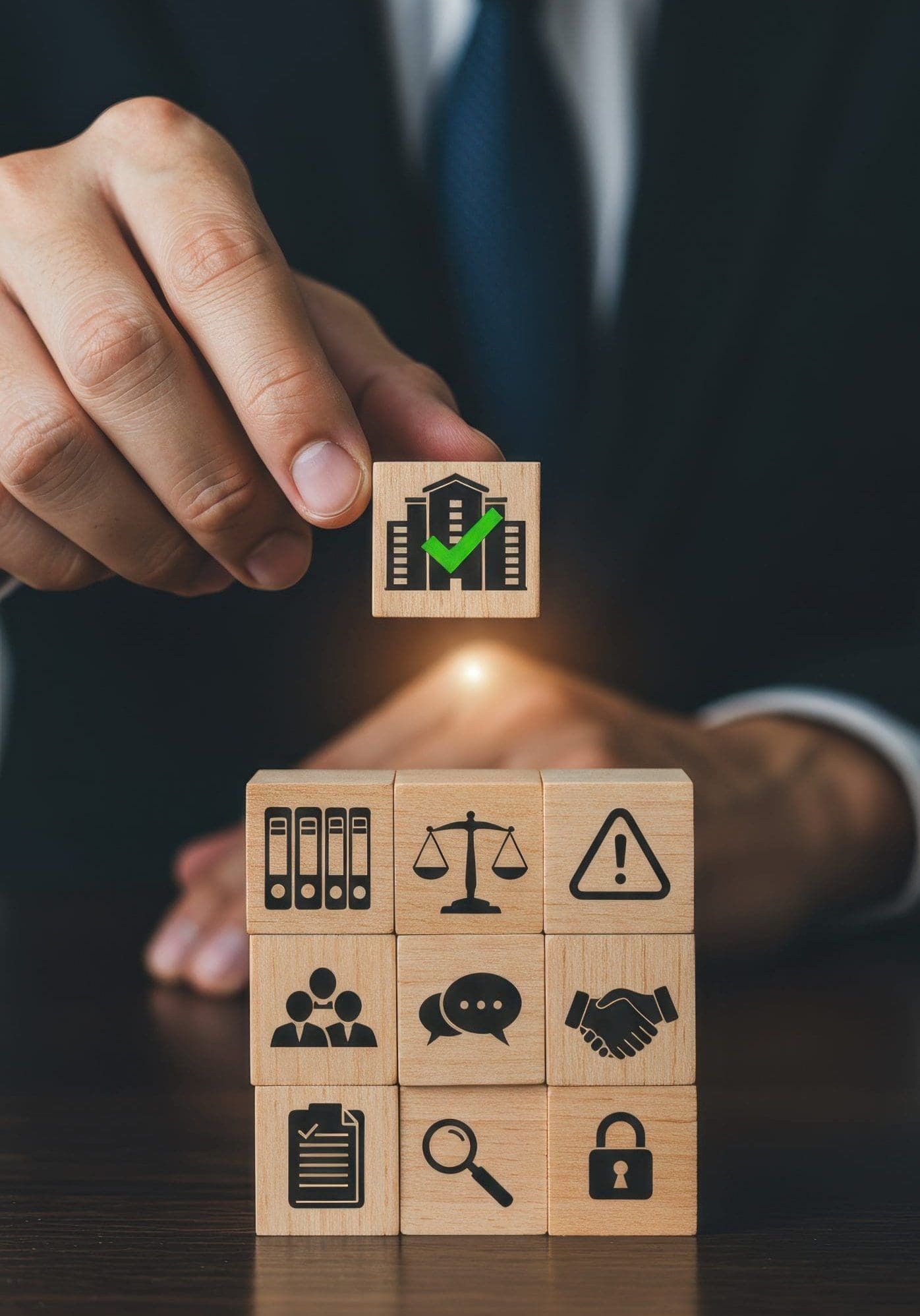 Compliance Achieved: Building Trust with Regulations, Rules &amp; Ethical Standards. Business Success Strategy with Wooden Block Tower