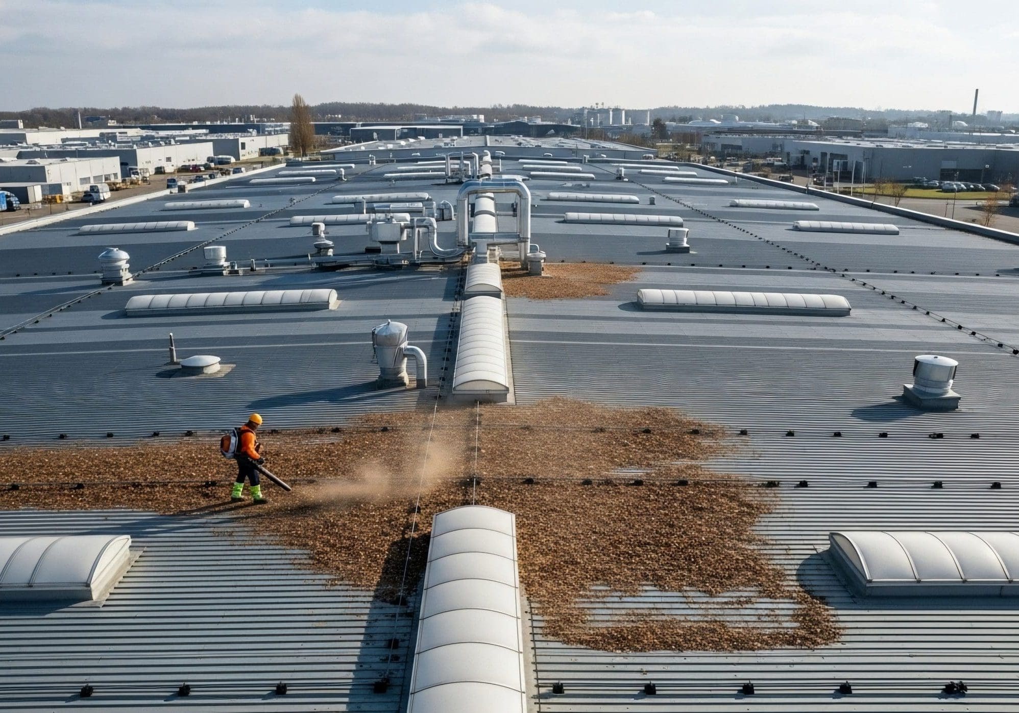 A worker in a hard hat and safety vest uses a leaf blower to clear a large pile of leaves and debris from a vast, corrugated metal industrial roof.