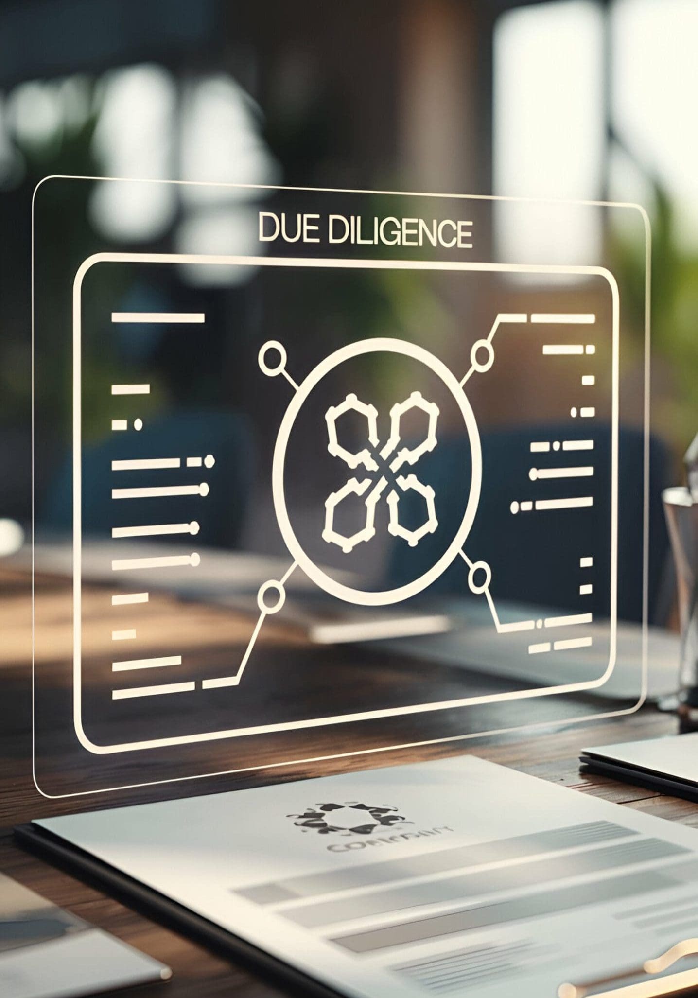 Due Diligence Icon on Virtual Screen Comprehensive Company Asset and Liability Assessment, Captured in Studio-Lit Commercial Shoot Setting for Business Analysis and Financial Insight Visuals