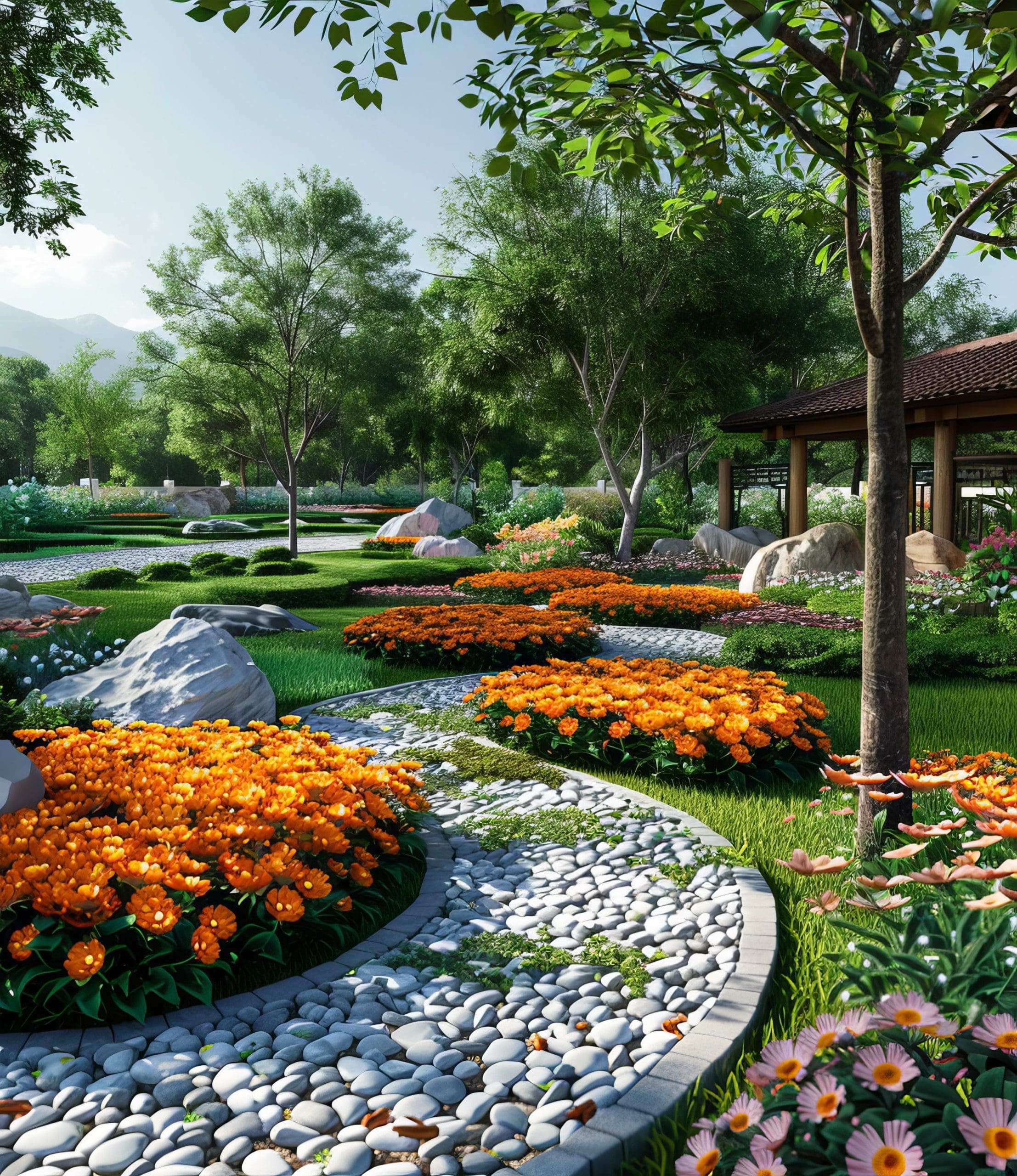landscaping design with large rocks and orange flower beds